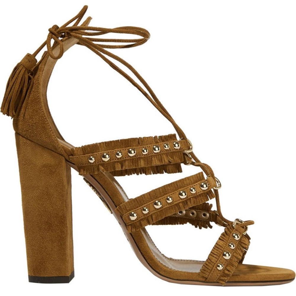 AQUAZZURA TULUM FRINGED STUDDED SUEDE SANDALS